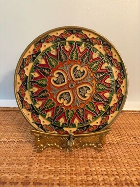Decorative Bronze Smaltotex Greek Hand-Painted Round Metal Byzantine Plate